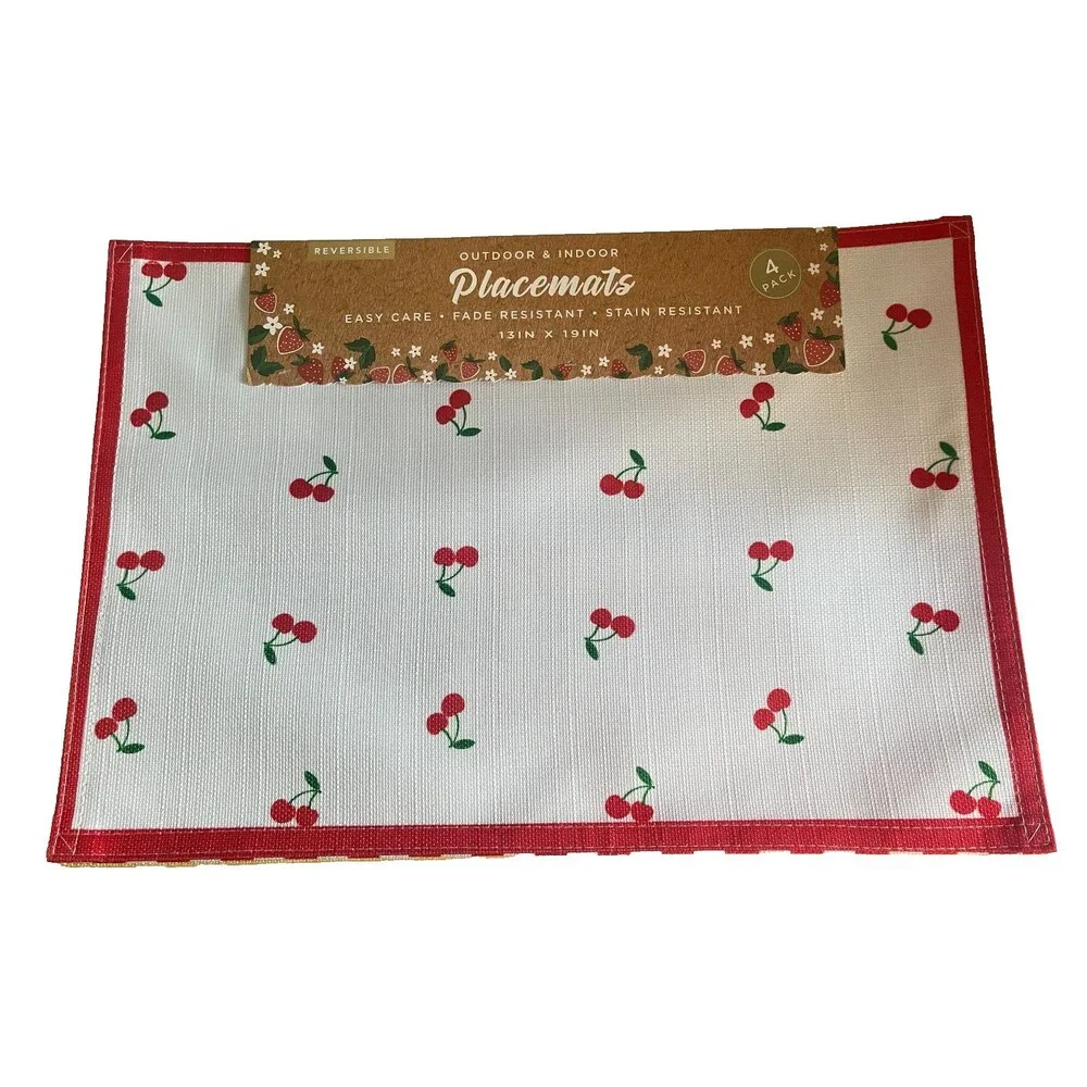 Fruit Banana Cherries Reversible Stripe Indoor Outdoor Placemats Set of 4 Summer